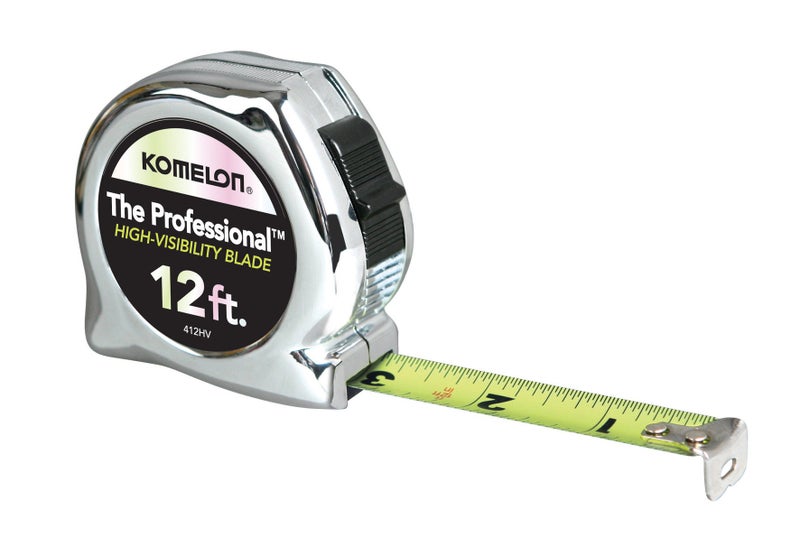 Komelon 412HV High-Visibility Professional Tape Measure, 12-Feet by 5/8-Inch, Chrome, Yellow, 12ft - Blade - Image 1